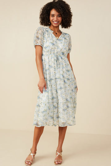 HB0303 Blue Mix Womens Ditsy Floral Ruffle Collared V Neck Dress Full Body